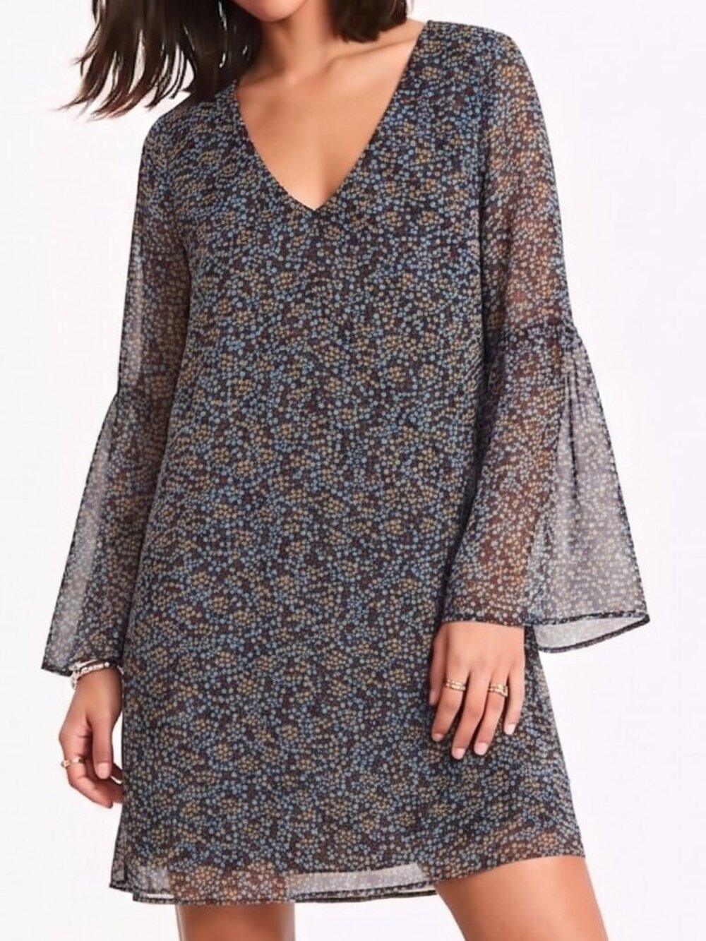 Cabi Ditsy Floral Bell Long Sleeve V Neck Fall Dress Size Medium